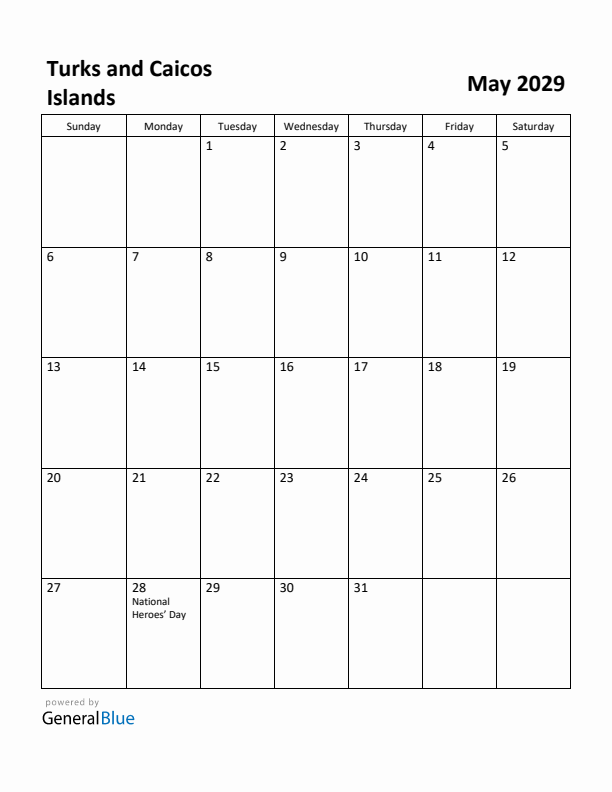 May 2029 Calendar with Turks and Caicos Islands Holidays