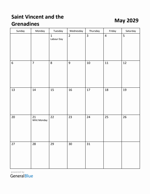 May 2029 Calendar with Saint Vincent and the Grenadines Holidays