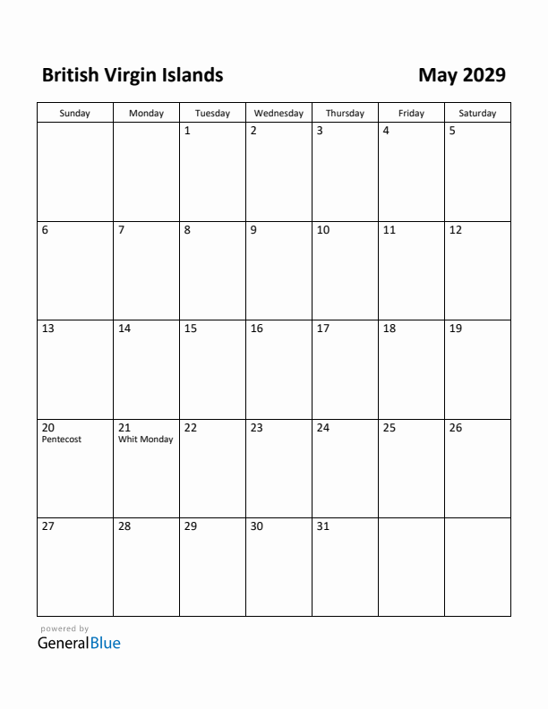 May 2029 Calendar with British Virgin Islands Holidays