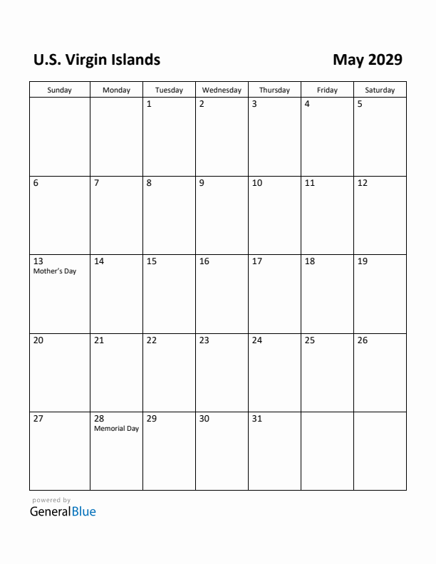 May 2029 Calendar with U.S. Virgin Islands Holidays