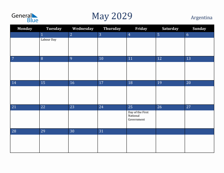 May 2029 Argentina Calendar (Monday Start)