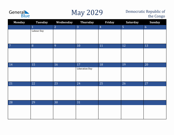 May 2029 Democratic Republic of the Congo Calendar (Monday Start)