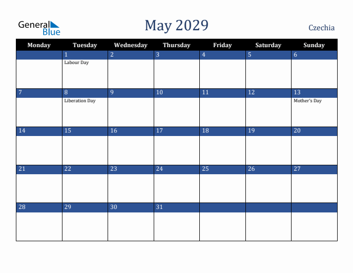May 2029 Czechia Calendar (Monday Start)
