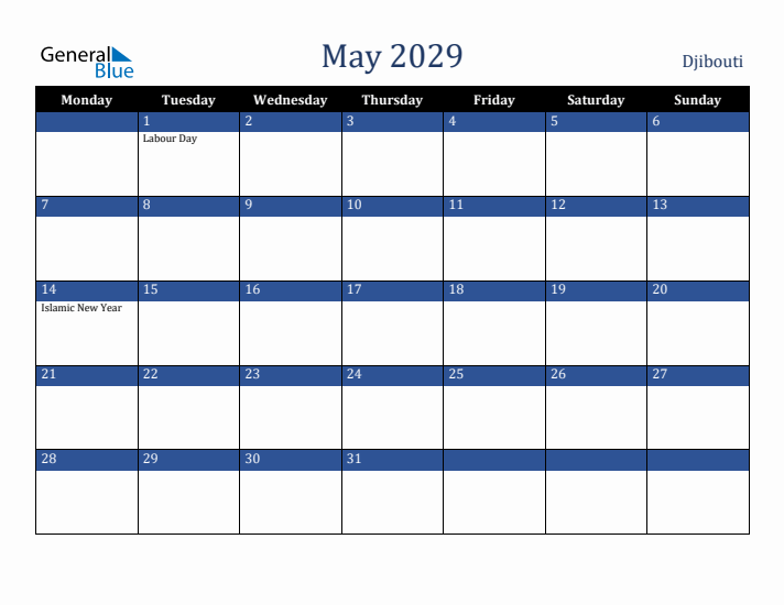 May 2029 Djibouti Calendar (Monday Start)
