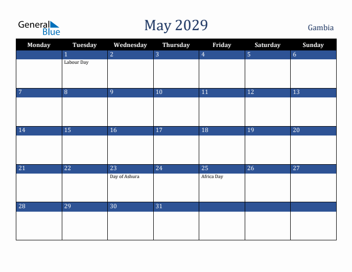 May 2029 Gambia Calendar (Monday Start)