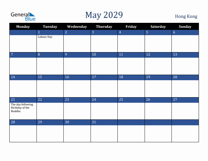 May 2029 Hong Kong Calendar (Monday Start)