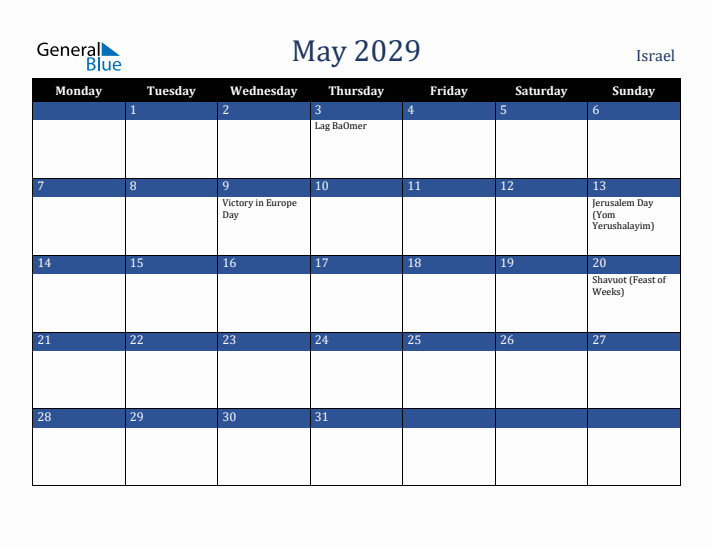 May 2029 Israel Calendar (Monday Start)
