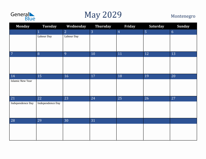May 2029 Montenegro Calendar (Monday Start)