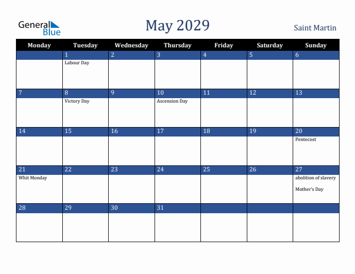 May 2029 Saint Martin Calendar (Monday Start)
