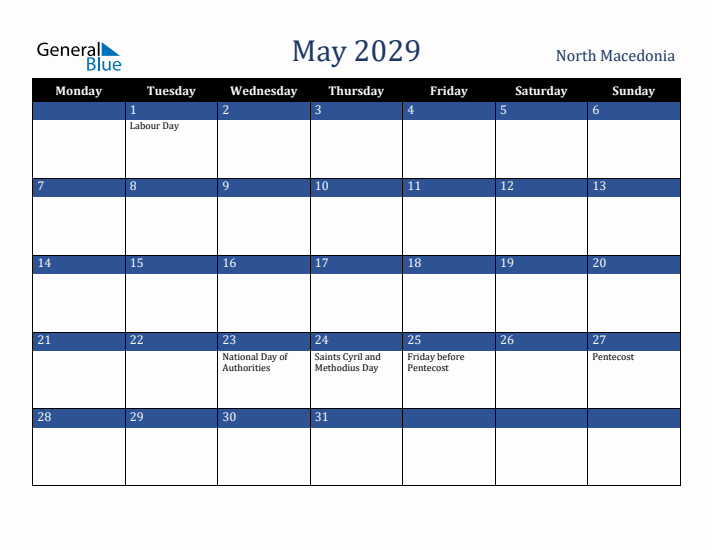 May 2029 North Macedonia Calendar (Monday Start)