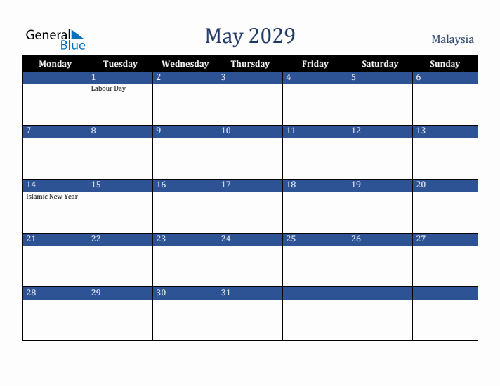 May 2029 Malaysia Calendar (Monday Start)