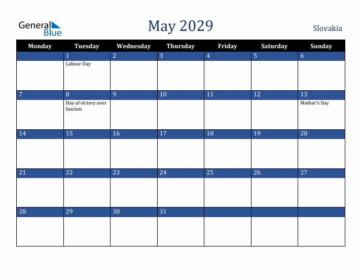 May 2029 Slovakia Calendar (Monday Start)