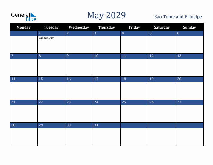 May 2029 Sao Tome and Principe Calendar (Monday Start)