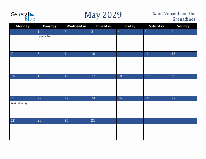 May 2029 Saint Vincent and the Grenadines Calendar (Monday Start)