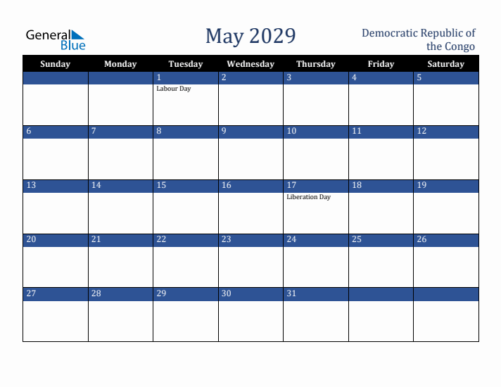 May 2029 Democratic Republic of the Congo Calendar (Sunday Start)