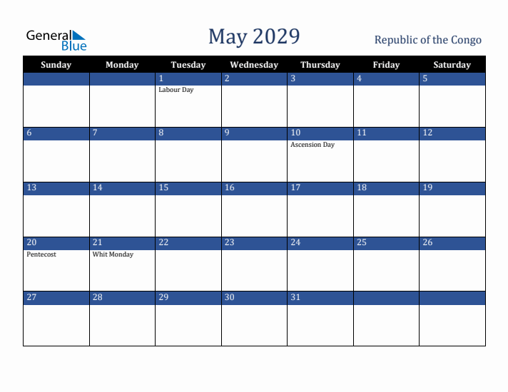 May 2029 Republic of the Congo Calendar (Sunday Start)