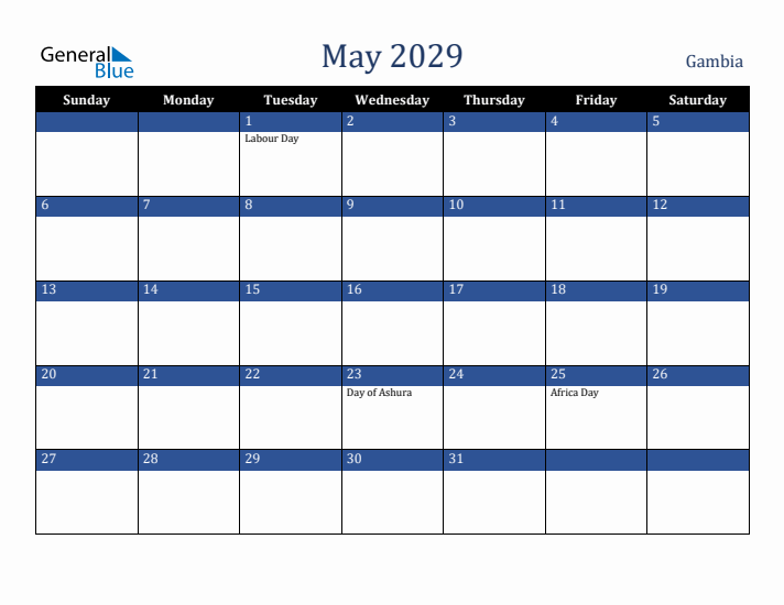 May 2029 Gambia Calendar (Sunday Start)