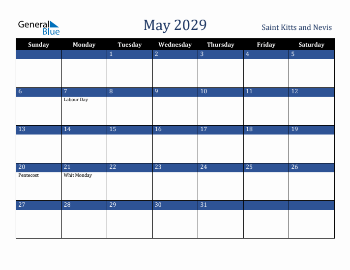 May 2029 Saint Kitts and Nevis Calendar (Sunday Start)
