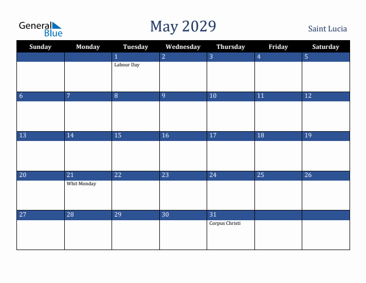 May 2029 Saint Lucia Calendar (Sunday Start)