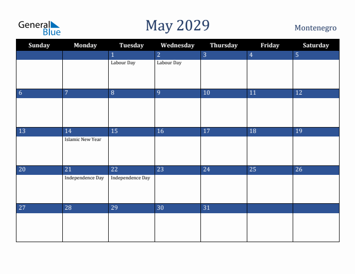 May 2029 Montenegro Calendar (Sunday Start)