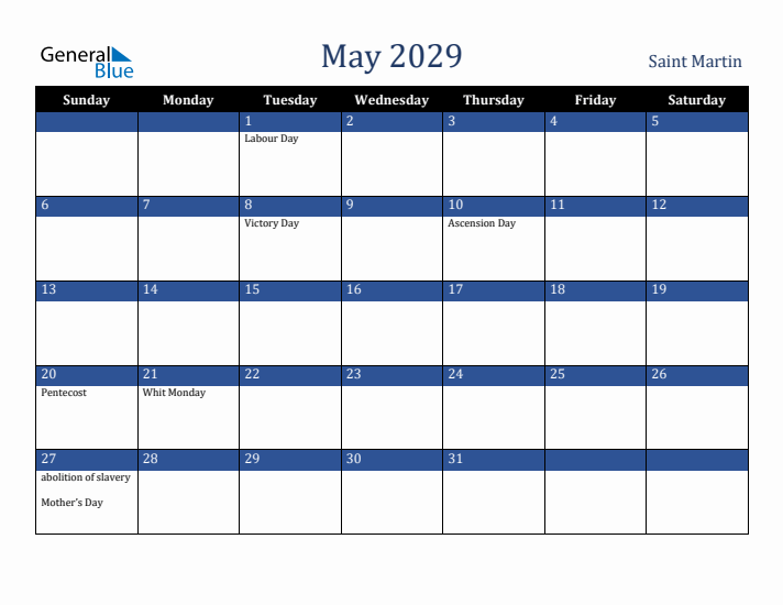 May 2029 Saint Martin Calendar (Sunday Start)