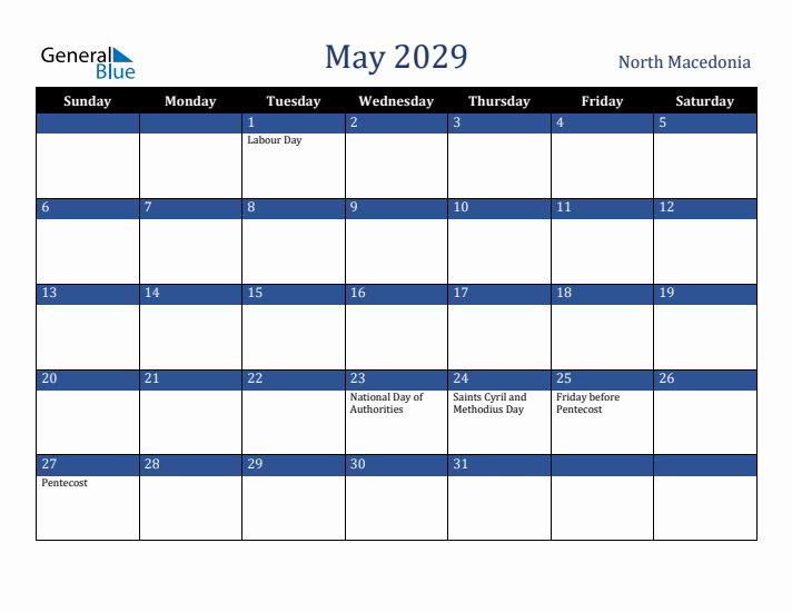 May 2029 North Macedonia Calendar (Sunday Start)