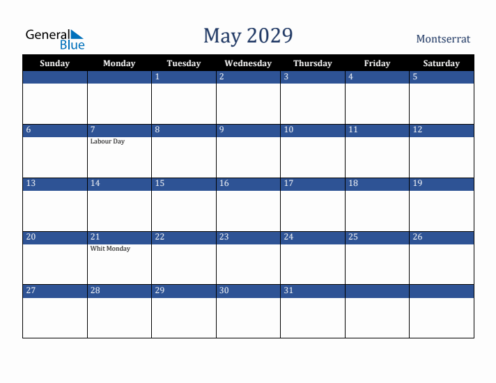 May 2029 Montserrat Calendar (Sunday Start)