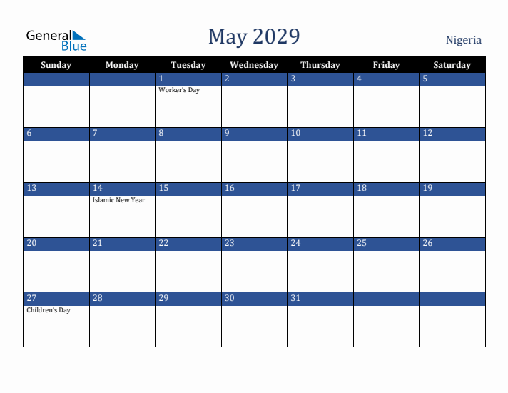 May 2029 Nigeria Calendar (Sunday Start)