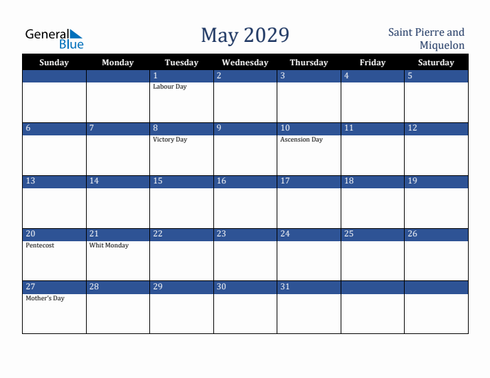 May 2029 Saint Pierre and Miquelon Calendar (Sunday Start)