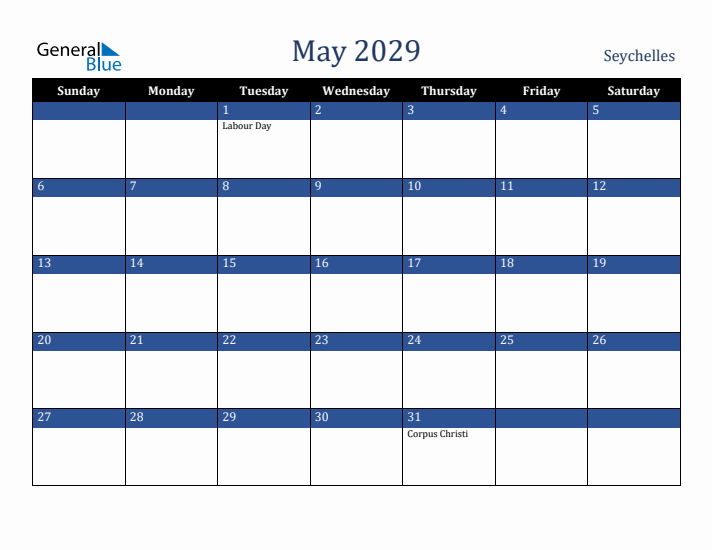 May 2029 Seychelles Calendar (Sunday Start)