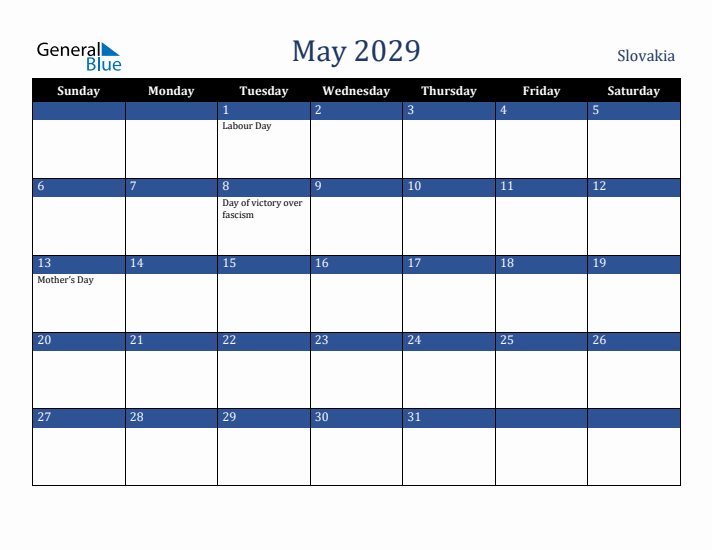May 2029 Slovakia Calendar (Sunday Start)