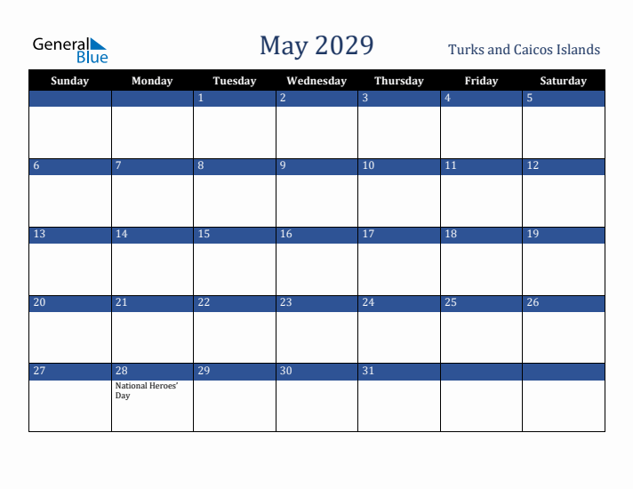 May 2029 Turks and Caicos Islands Calendar (Sunday Start)