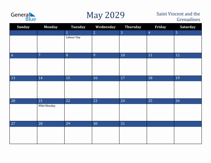 May 2029 Saint Vincent and the Grenadines Calendar (Sunday Start)