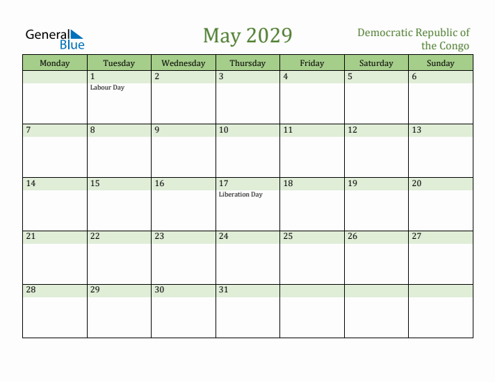 May 2029 Calendar with Democratic Republic of the Congo Holidays