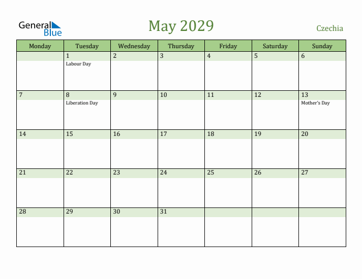May 2029 Calendar with Czechia Holidays