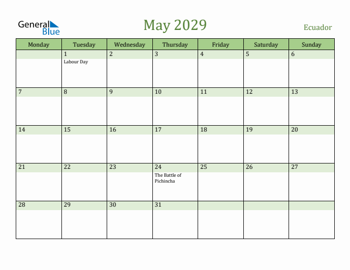 May 2029 Calendar with Ecuador Holidays
