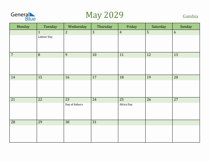 May 2029 Calendar with Gambia Holidays