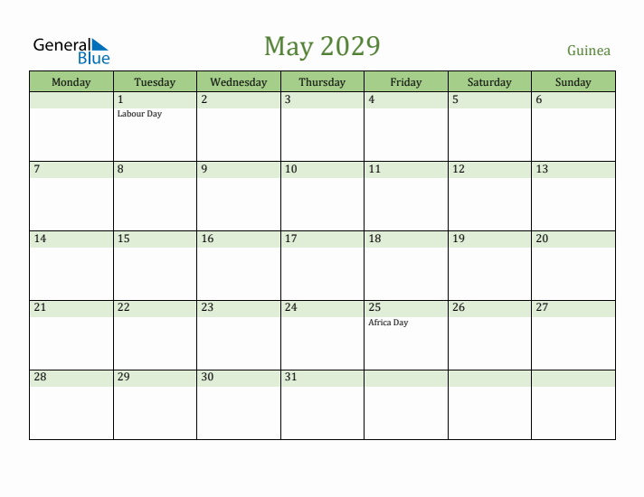 May 2029 Calendar with Guinea Holidays