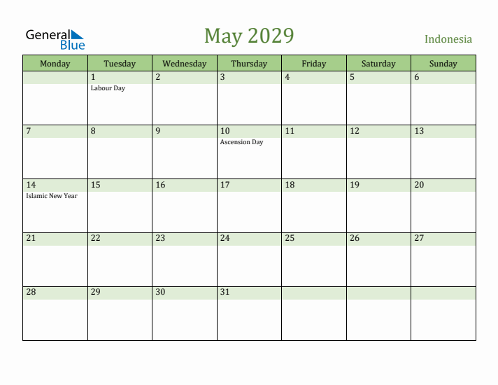 May 2029 Calendar with Indonesia Holidays