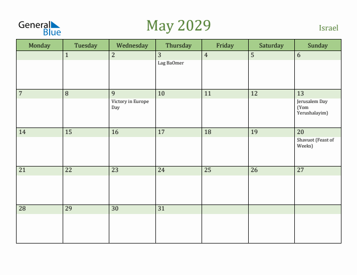 May 2029 Calendar with Israel Holidays