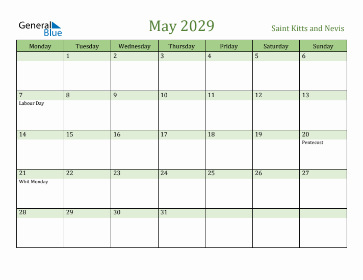 May 2029 Calendar with Saint Kitts and Nevis Holidays