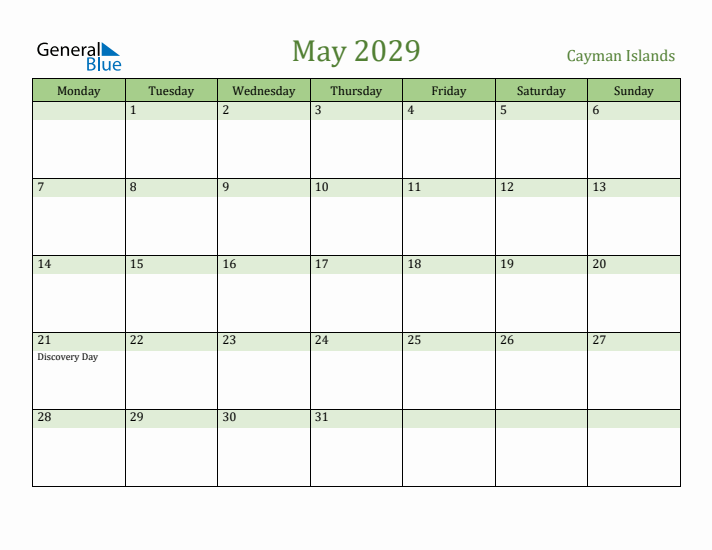 May 2029 Calendar with Cayman Islands Holidays