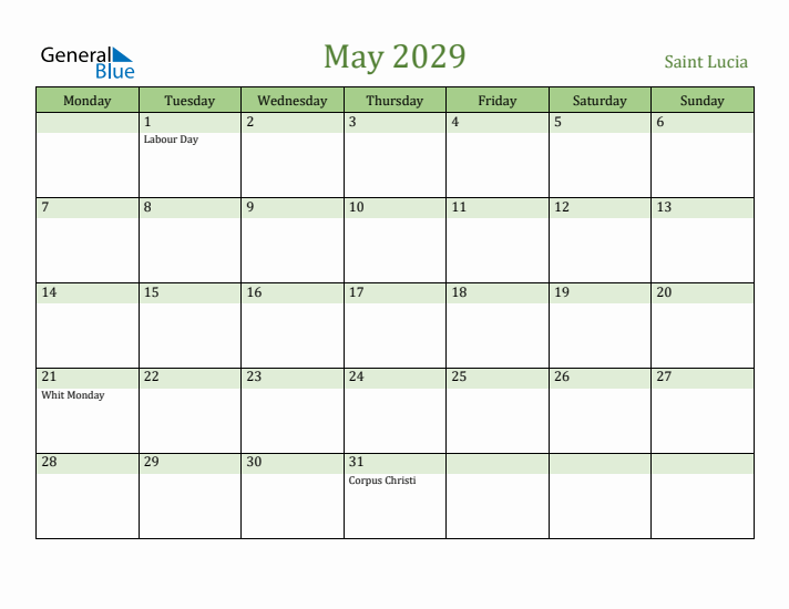 May 2029 Calendar with Saint Lucia Holidays