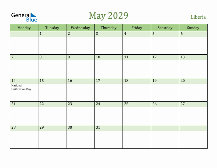 May 2029 Calendar with Liberia Holidays