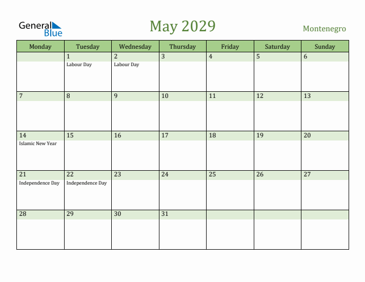 May 2029 Calendar with Montenegro Holidays