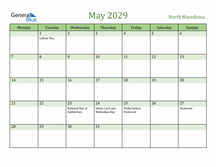 May 2029 Calendar with North Macedonia Holidays