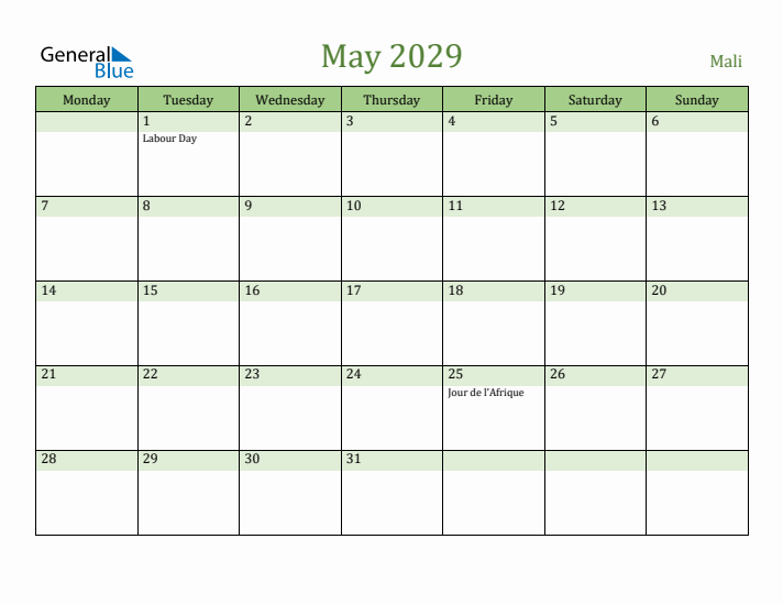 May 2029 Calendar with Mali Holidays