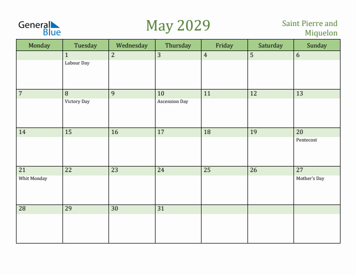 May 2029 Calendar with Saint Pierre and Miquelon Holidays