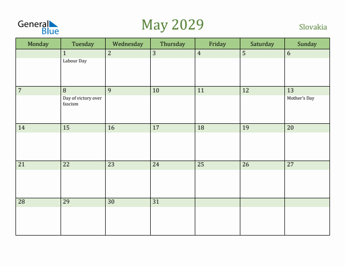 May 2029 Calendar with Slovakia Holidays