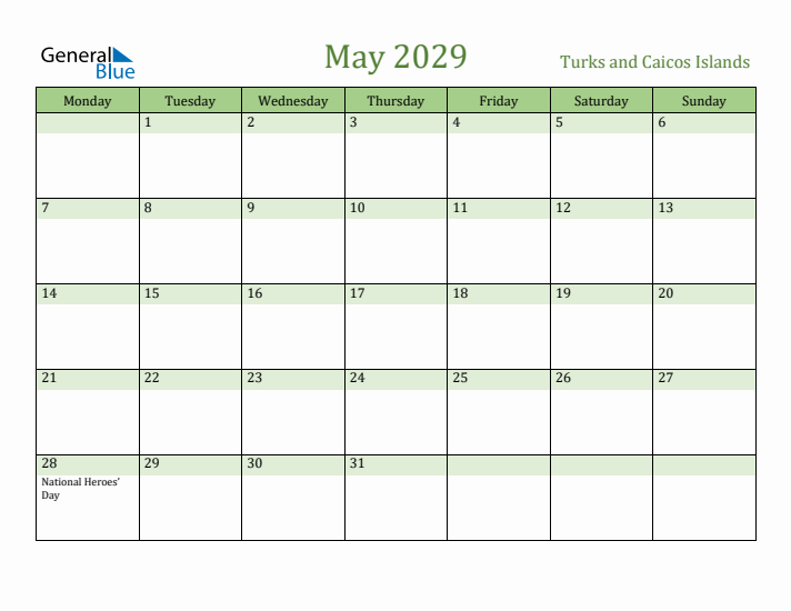 May 2029 Calendar with Turks and Caicos Islands Holidays